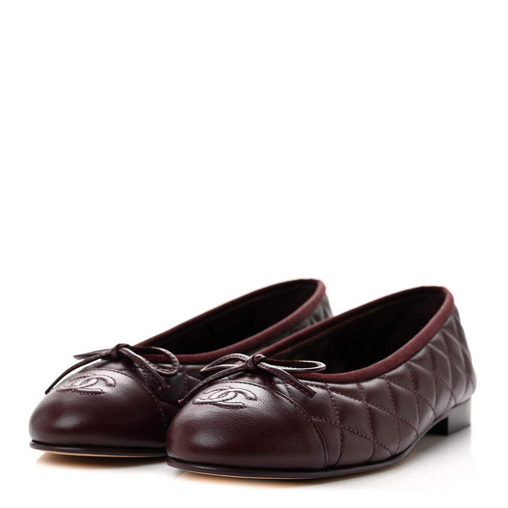 Lambskin Quilted CC Cap Toe Ballerina Flats 38 Dark Burgundy