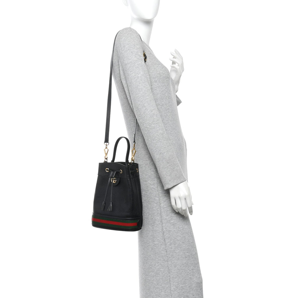 Glazed Textured Calfskin Web Small Ophidia Bucket Bag Black