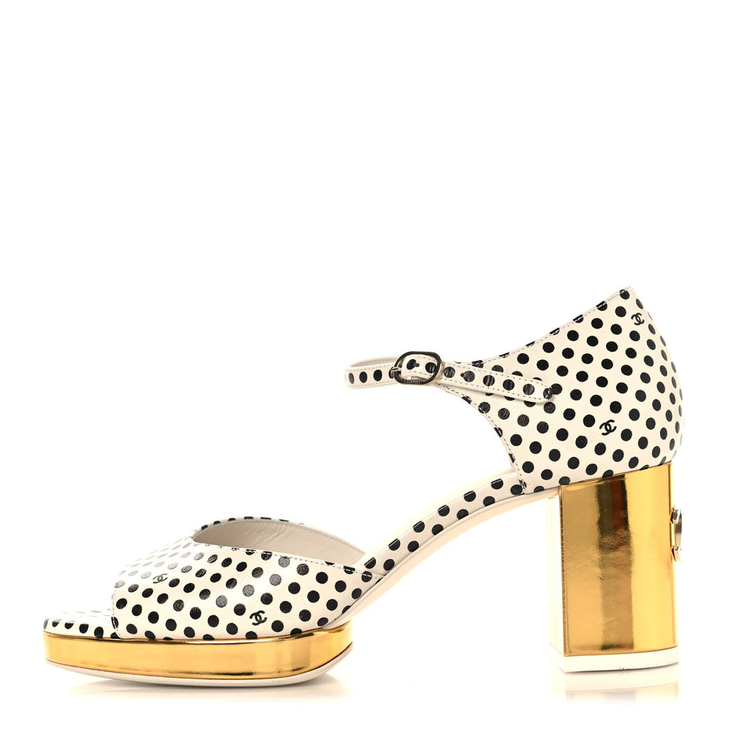 Printed Calfskin Polka Dot CC Platform Sandals 36.5 Ivory Black