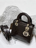 Lady Dior brown shiny alligator leather with diamond hardware