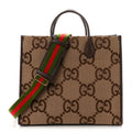 Monogram Jumbo GG Textured Dollar Calfskin Web Tote Bag Camel Ebony New Acero
