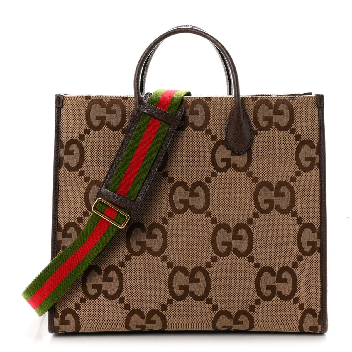 Monogram Jumbo GG Textured Dollar Calfskin Web Tote Bag Camel Ebony New Acero