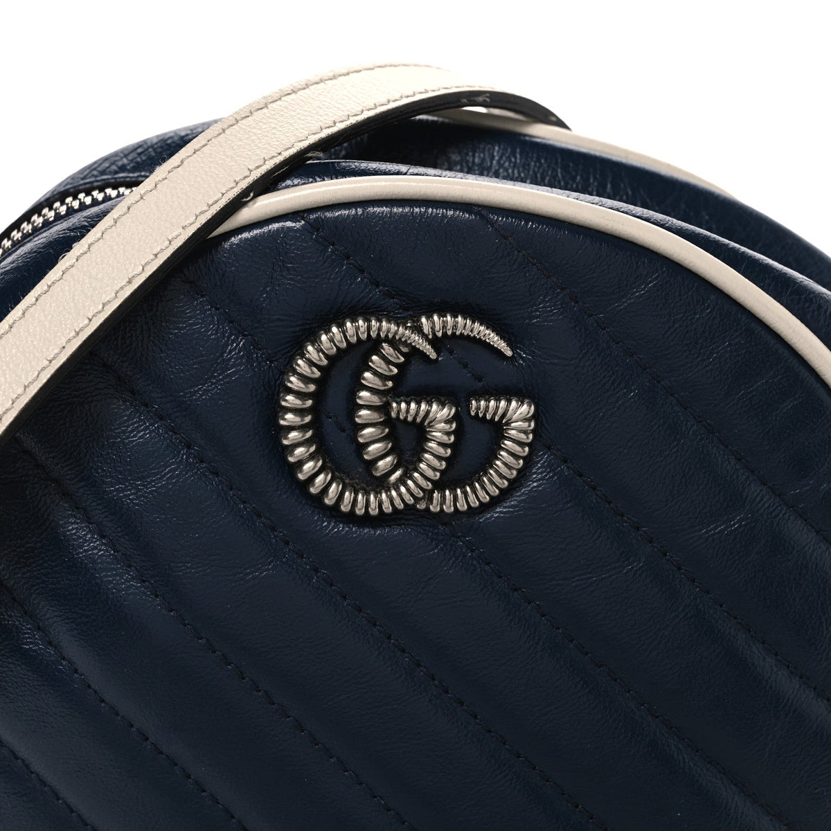 Azalea Calfskin Matelasse Diagonal Mini Torchon GG Marmont Round Shoulder Bag Blue Agata Mystic White