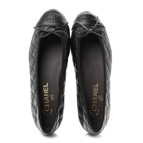 Aged Calfskin Quilted CC Cap Toe Ballerina Flats 38.5 Black