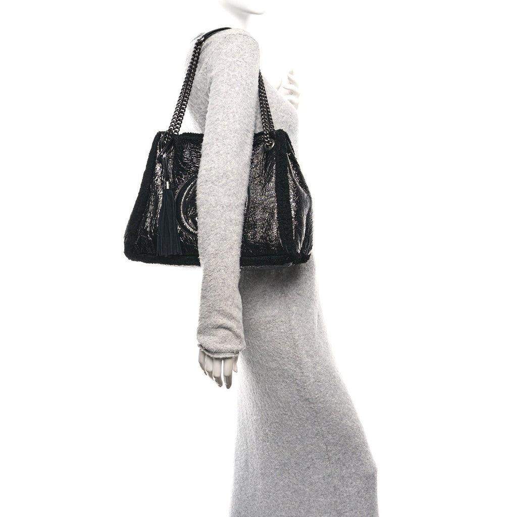 Patent Shearling Medium Soho Chain Shoulder Bag Black