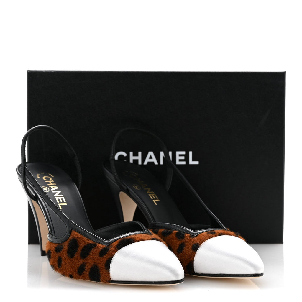 Lambskin Mixed Fibers Cap Toe CC Slingback Flats 37 Brown Black White 40 Brown Black White