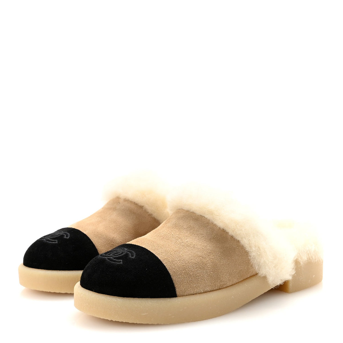 Suede Shearling CC Cap Toe Mules 36 Beige Black