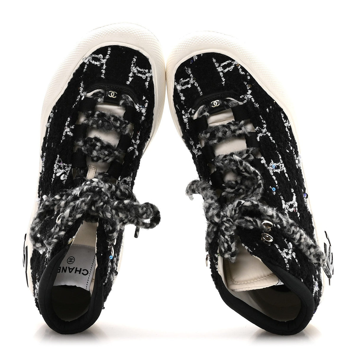 Tweed Sequins CC Lace Up Ankle Snow Boots 40 Black White