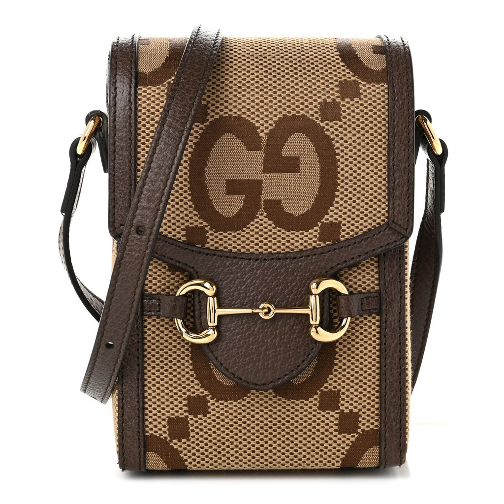 Monogram Jumbo GG Textured Dollar Calfskin Mini Horsebit 1955 Crossbody Bag Camel Ebony New Acero