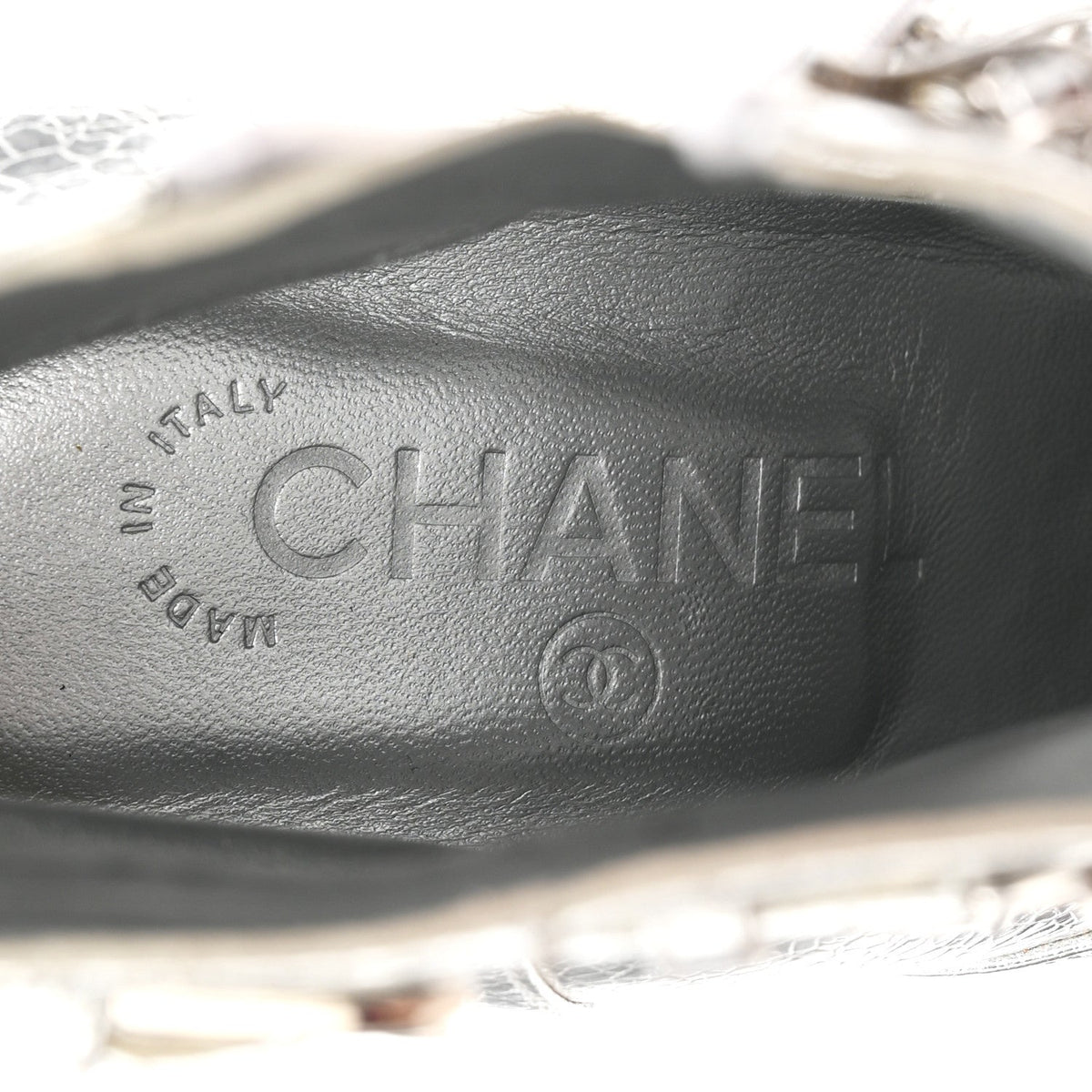 Metallic Crackled Calfskin Chain CC Short Boots 38.5 Silver