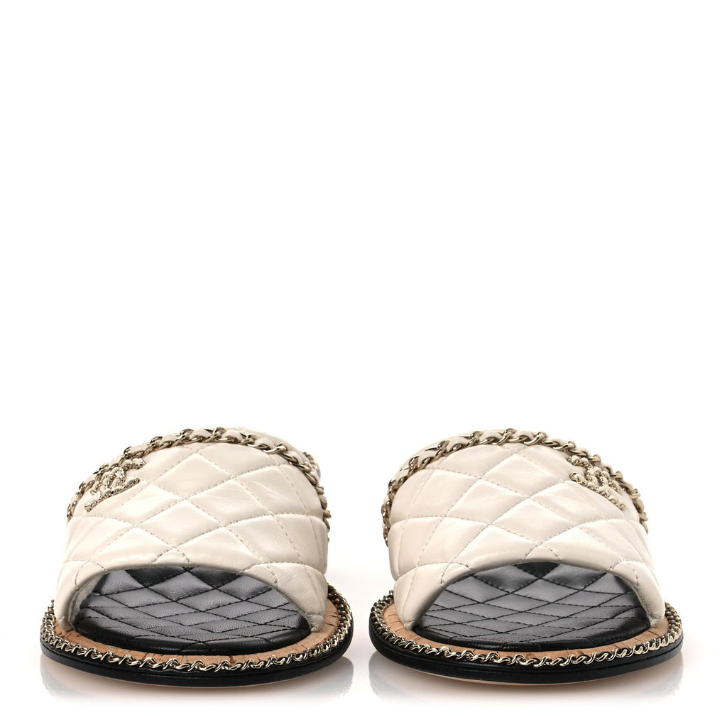 Lambskin Quilted Chain CC Sandals 39 White