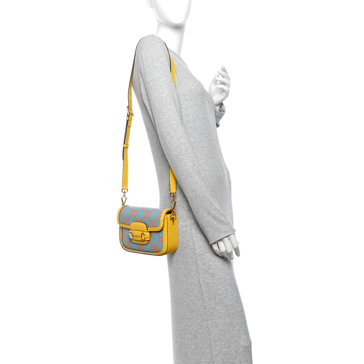 Azalea Calfskin GG Monogram Bi-Color Debossed Mini Horsebit 1955 Shoulder Bag Dusty Azure Stone Topaz Deep Orange