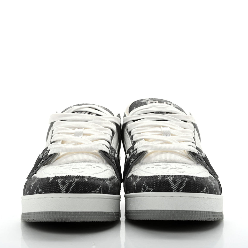 Calfskin Embossed Monogram Denim Mens LV Trainer Sneakers 11 Grey