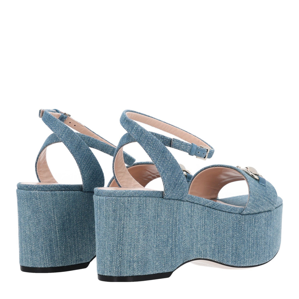 Denim Horsebit Ankle Strap 75mm Flatform Sandals 36 Old Azure