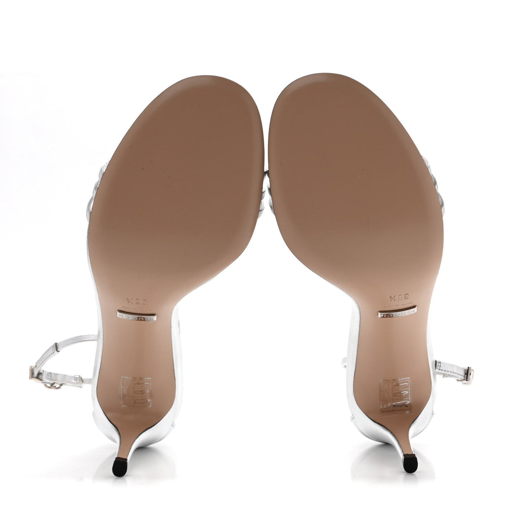 Nappa Silk Crystal GG Ankle Strap High Heel Sandals 38.5 Argento