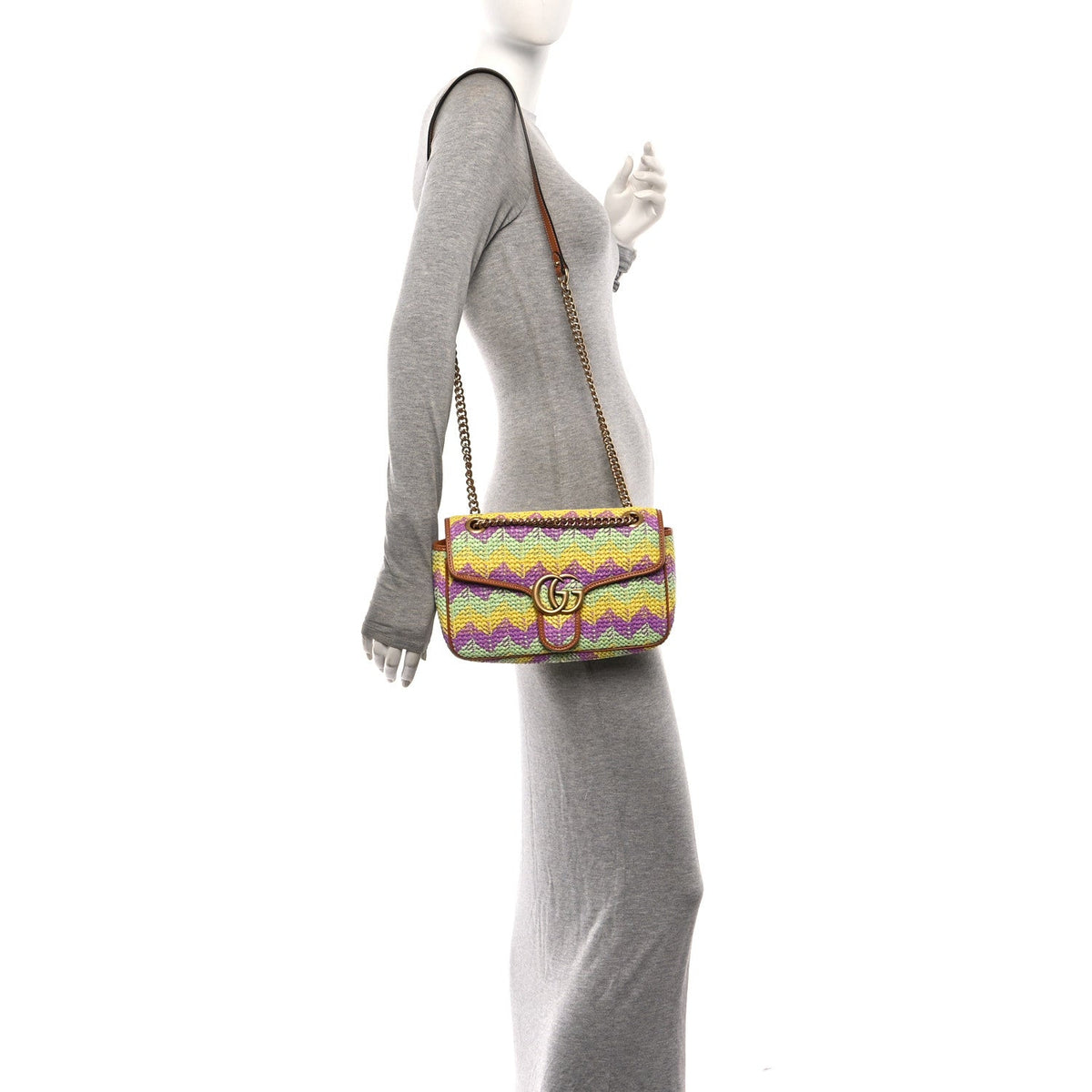 Calfskin Raffia Woven Small GG Marmont Shoulder Bag Multicolor
