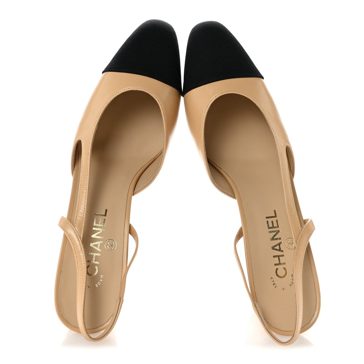 Goatskin Grosgrain Cap Toe CC Slingback Pumps 41 Beige Black