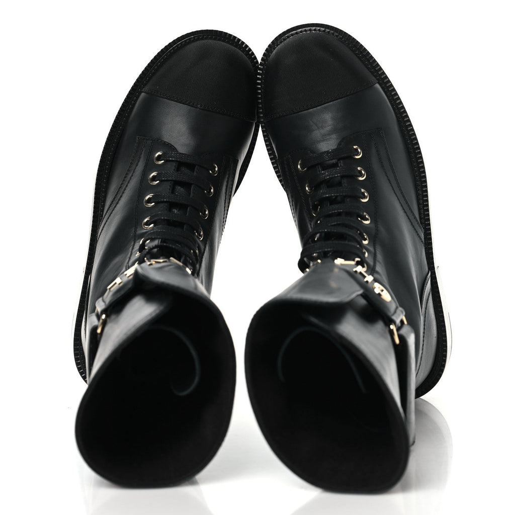 Shiny Calfskin Grosgrain Lace Up Combat Boots 36.5 Black