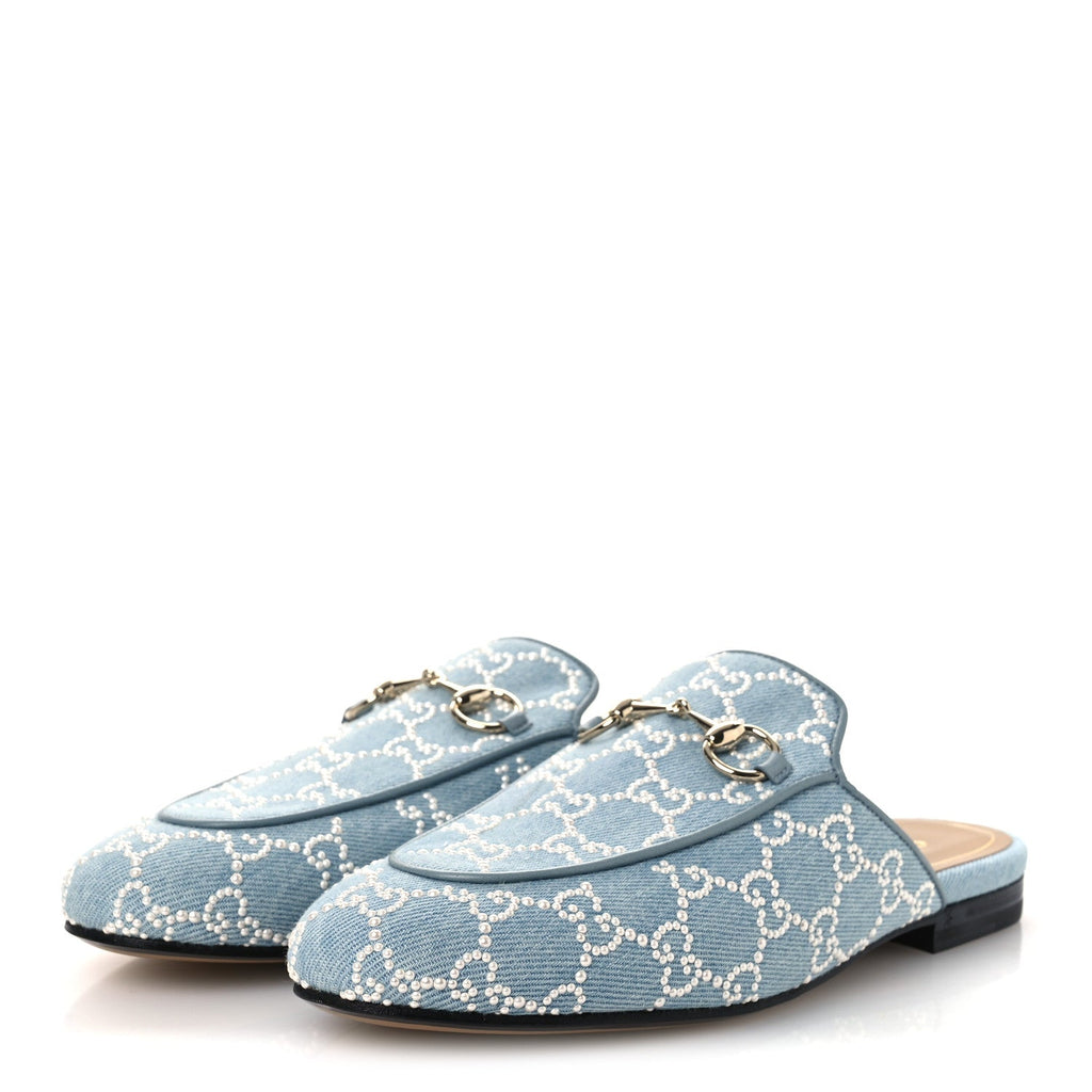 GG Denim Monogram Pearl Womens Princetown Slippers 37 Light Blue