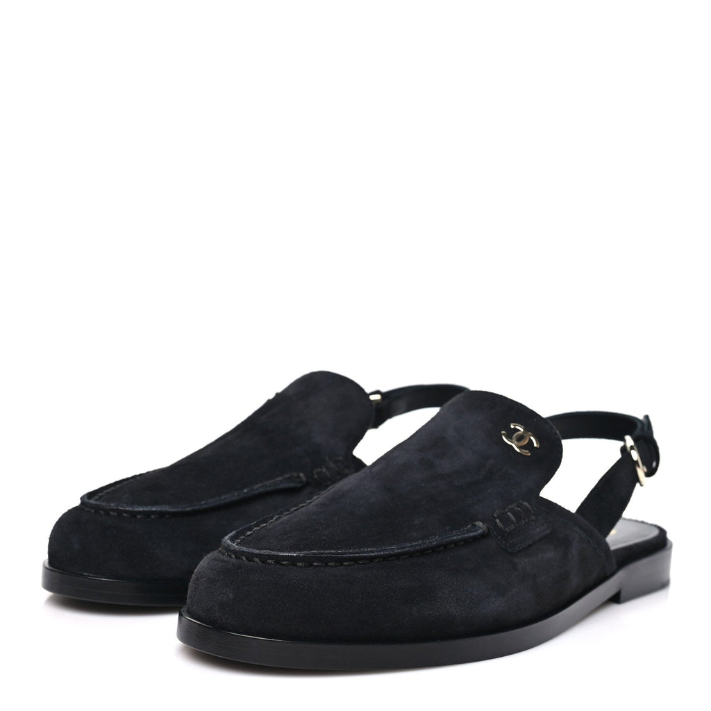 Suede Calfskin Slingback Loafers 38 Black