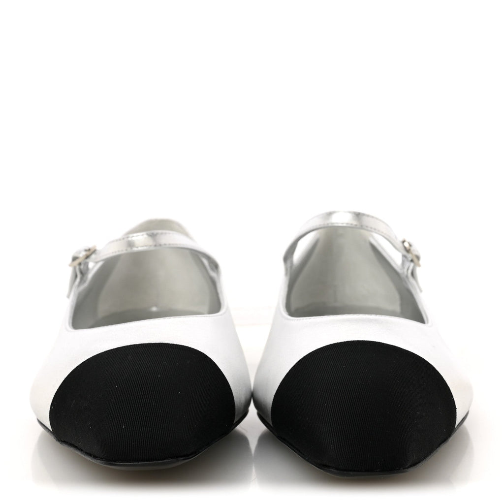 Laminated Calfskin Grosgrain Mary Janes Flats 40 Silver Black
