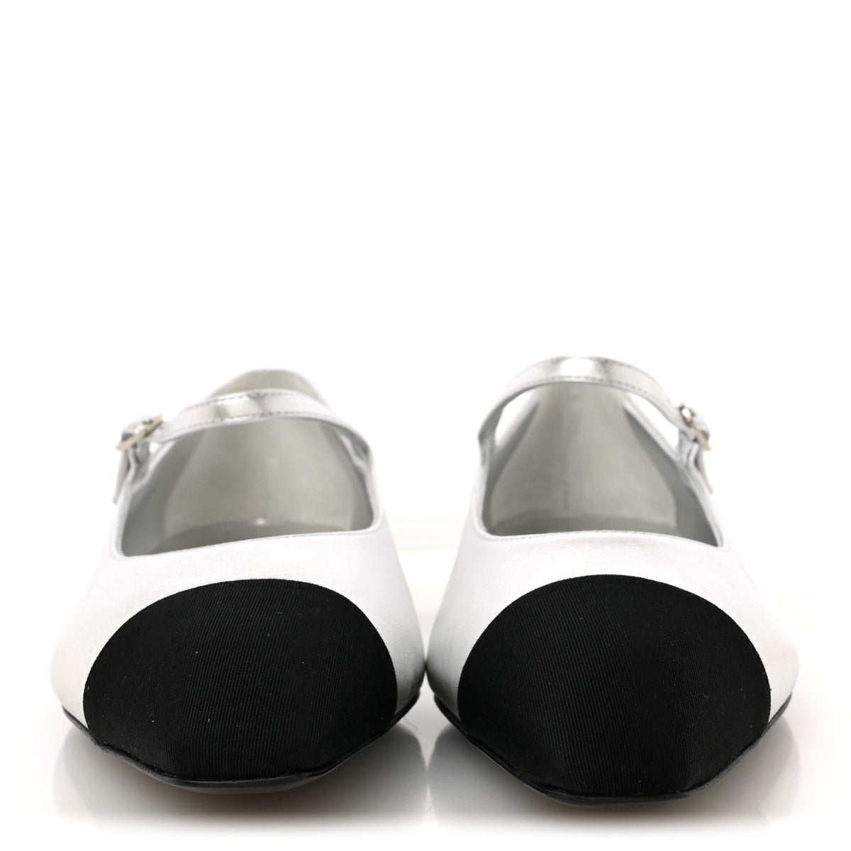 Laminated Calfskin Grosgrain Mary Janes Flats 40 Silver Black