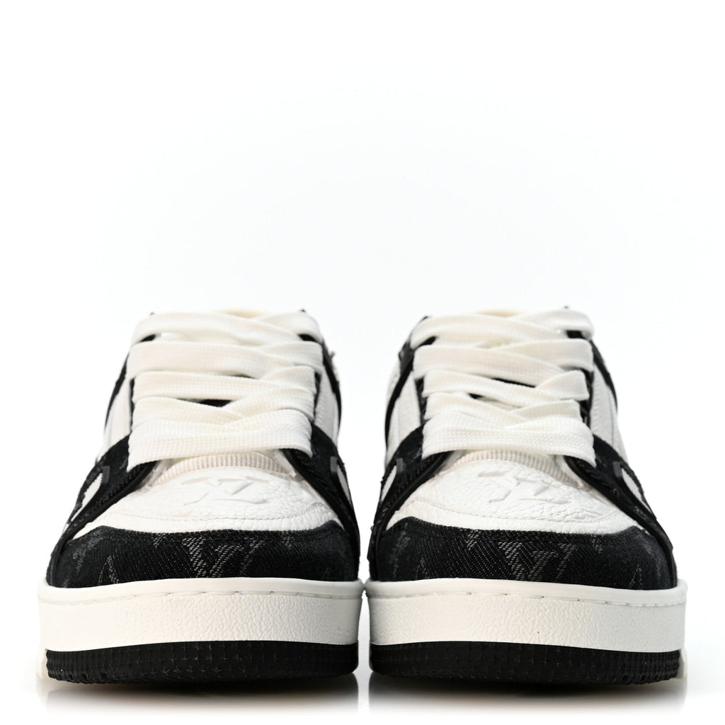 Calfskin Embossed Monogram Denim Womens LV Trainer Sneakers 35 Black