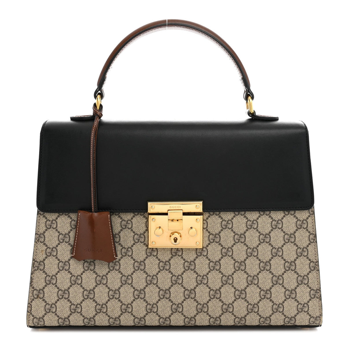 GG Supreme Monogram Calfskin Medium Padlock Top Handle Bag Beige Black Cuir