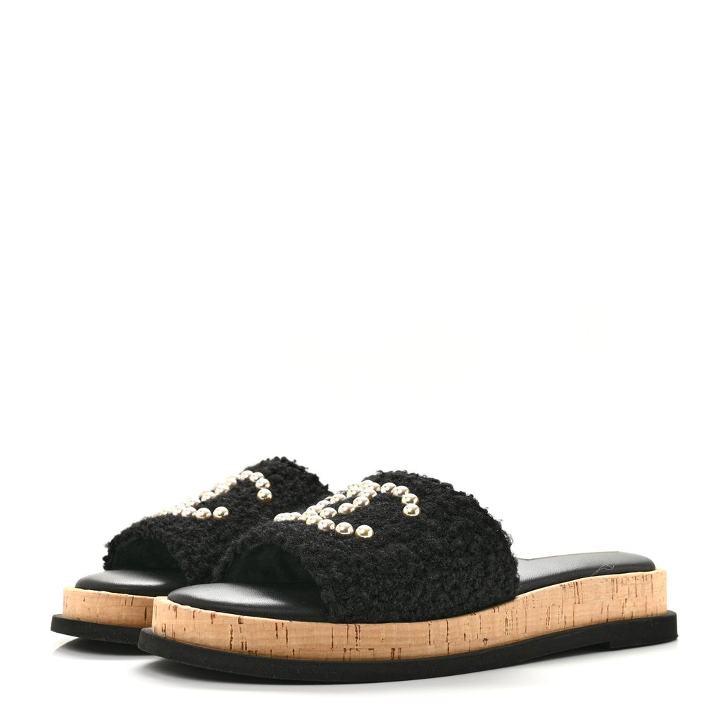 Fabric Pearl Cork CC Slip On Sandals 40 Black