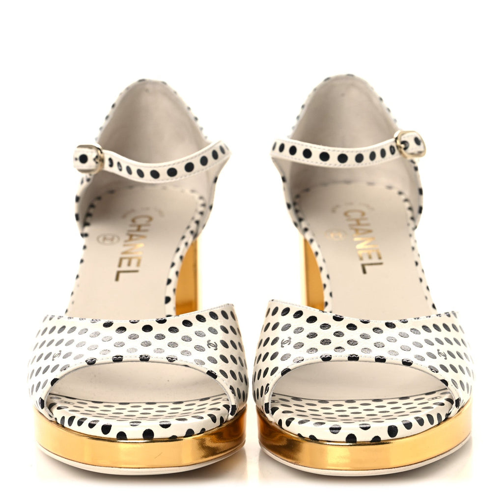 Printed Calfskin Polka Dot CC Platform Sandals 36.5 Ivory Black