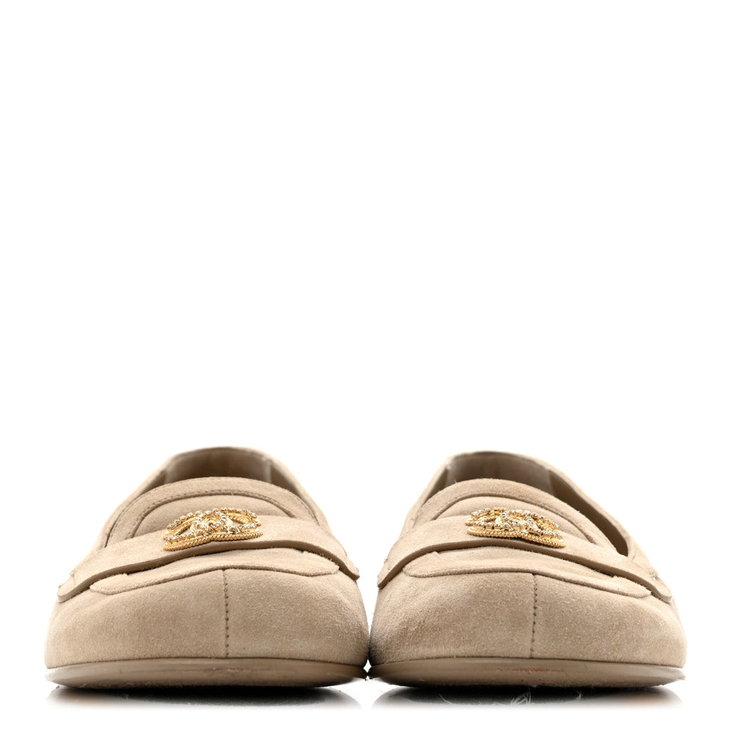 Suede Crystal CC Mocassin Loafers 39.5 Beige