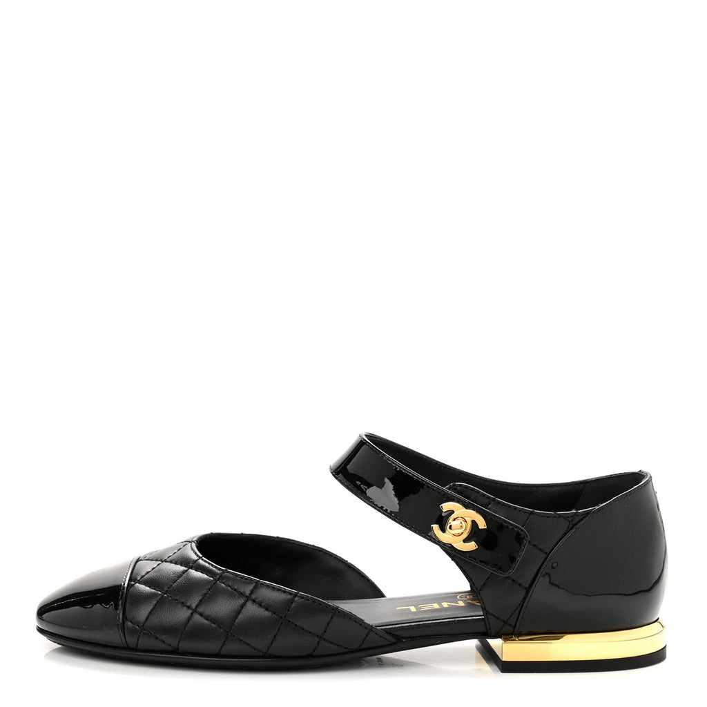 Patent Lambskin Quilted Cap Toe Ballerina Flats 36 Black