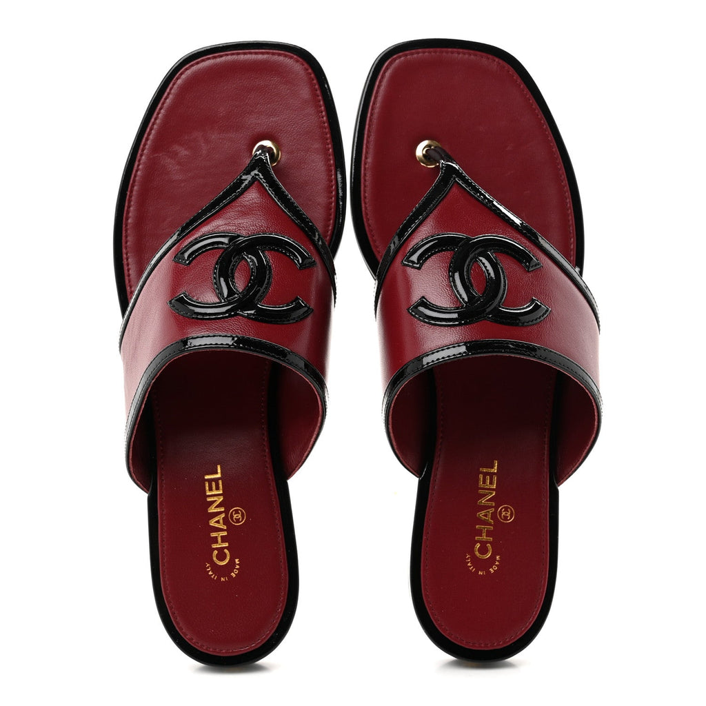 Lambskin Patent Calfskin CC Thong Sandals 39 Burgundy Black