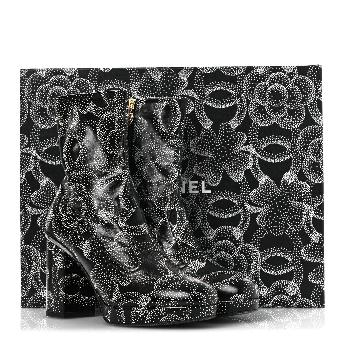 Calfskin Camellia Printed Ankle Boots 38.5 Black White