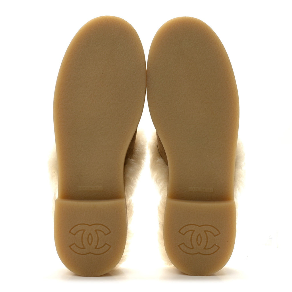 Suede Shearling CC Cap Toe Mules 40 Beige Black