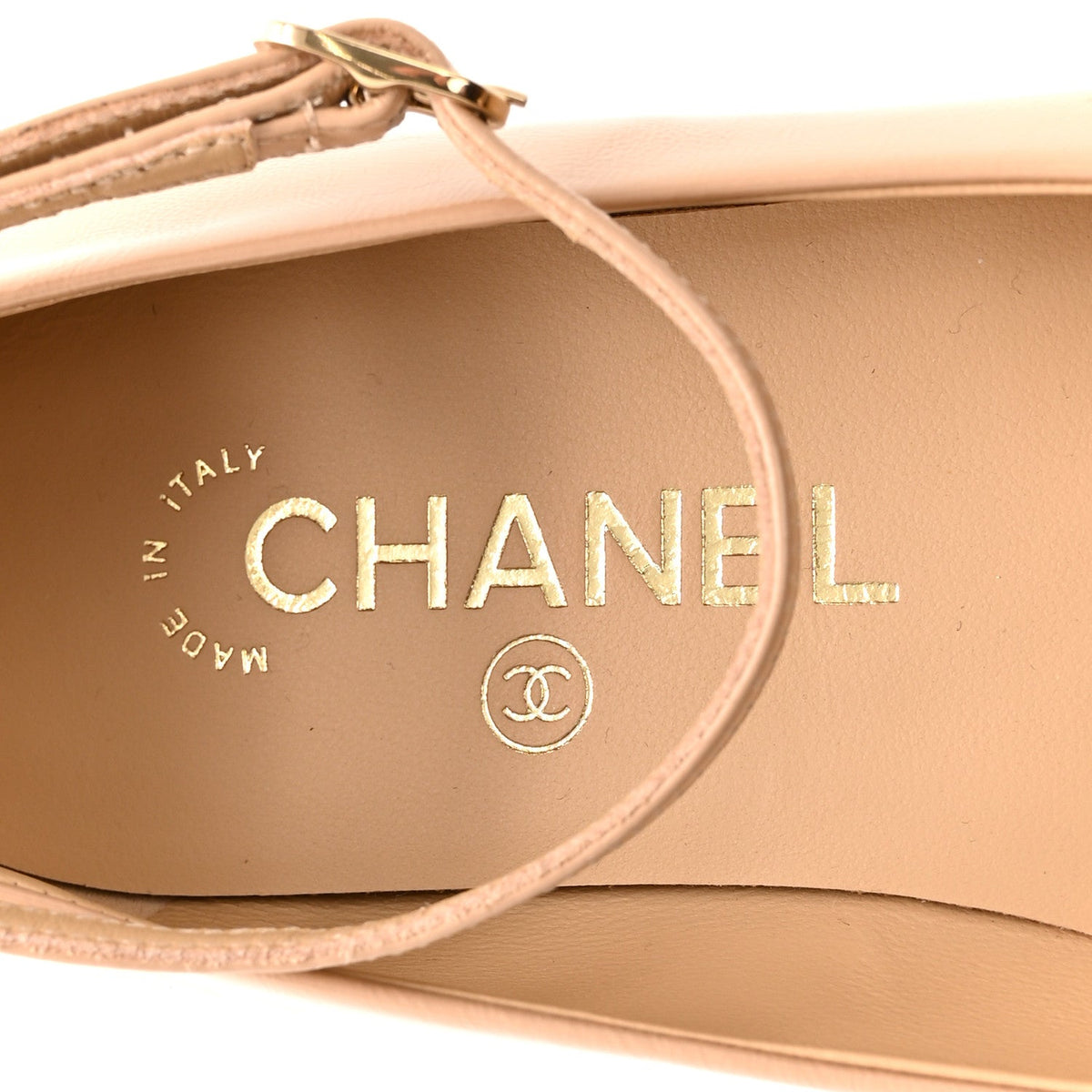 Shiny Calfskin Camellia Ankle Strap Ballerina Flats 36 Beige