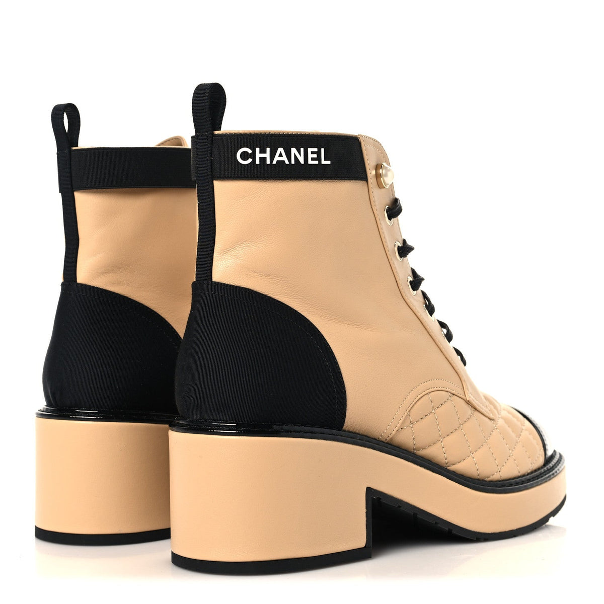 Lambskin Patent Calfskin Quilted Lace Up Boots 38 Beige Black