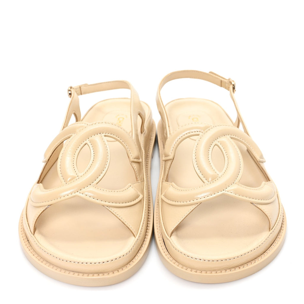 Crumpled Shiny Lambskin CC Cut Out Dad Sandals 40 Beige