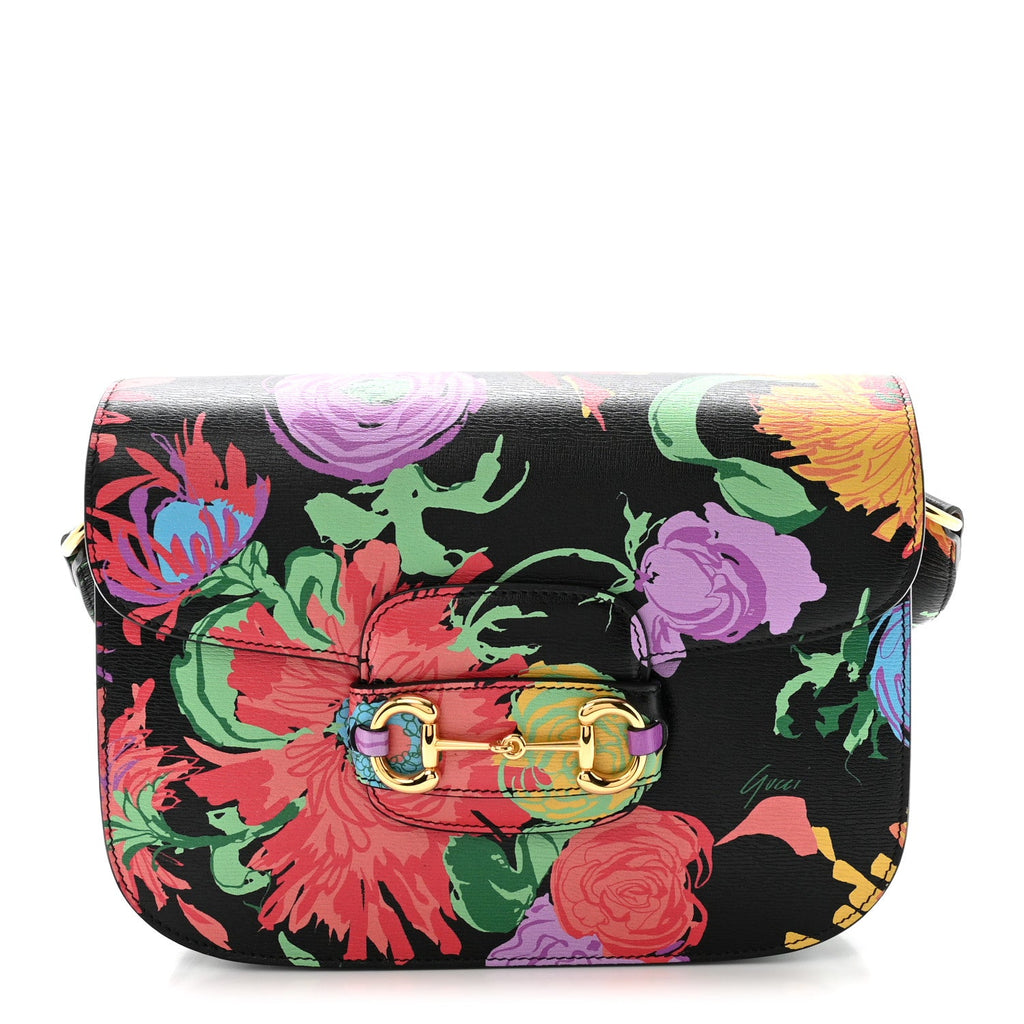 X KEN SCOTT New Shangai Calfskin Jenny Floral Print Horsebit 1955 Shoulder Bag Black Pink