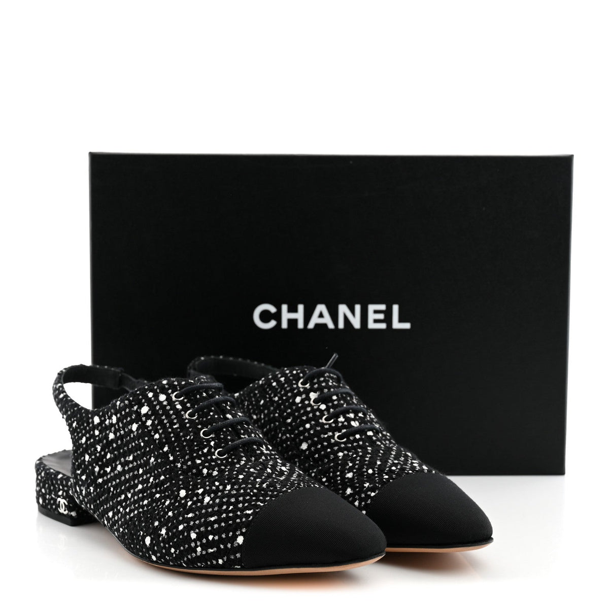 Cotton Tweed Grosgrain Cap Toe Lace Up Slingbacks 38 Black Silver White