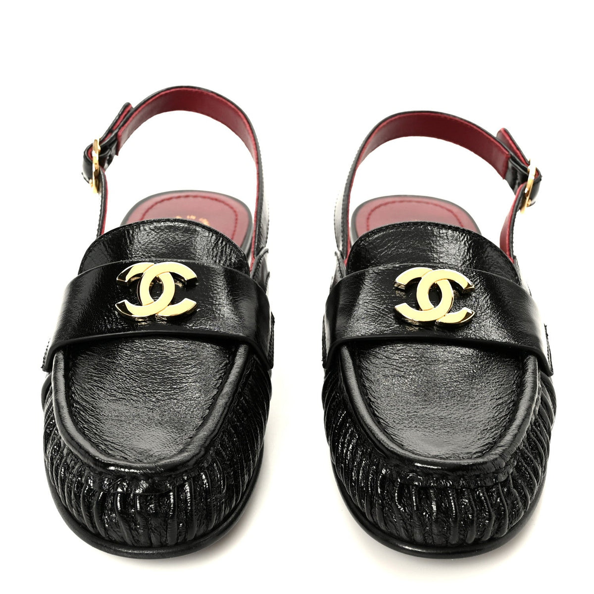 Crumpled Shiny Lambskin CC Slingback Mocassin 37.5 Black