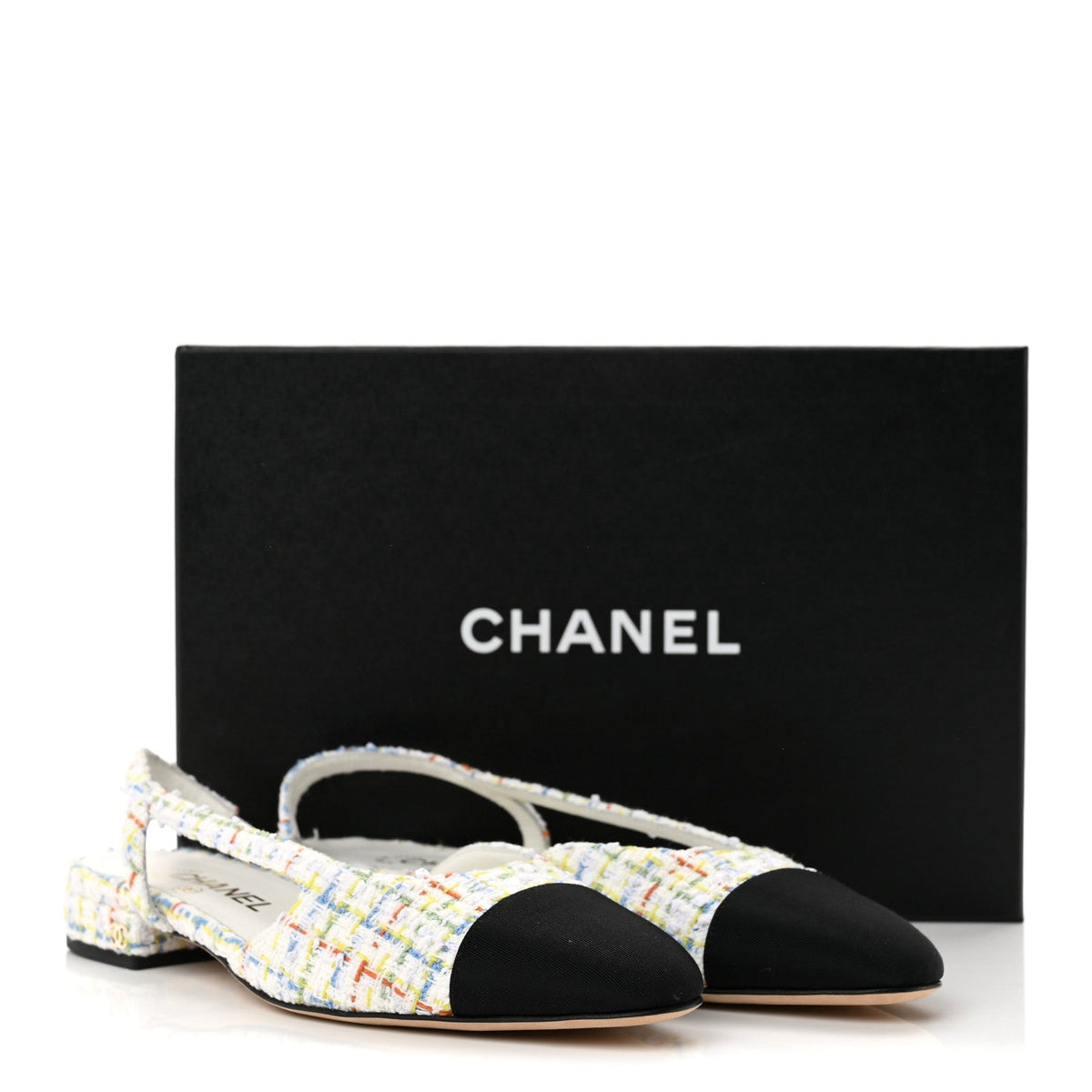 Tweed Grosgrain Cap Toe CC Slingback Flat 38 White Multicolor