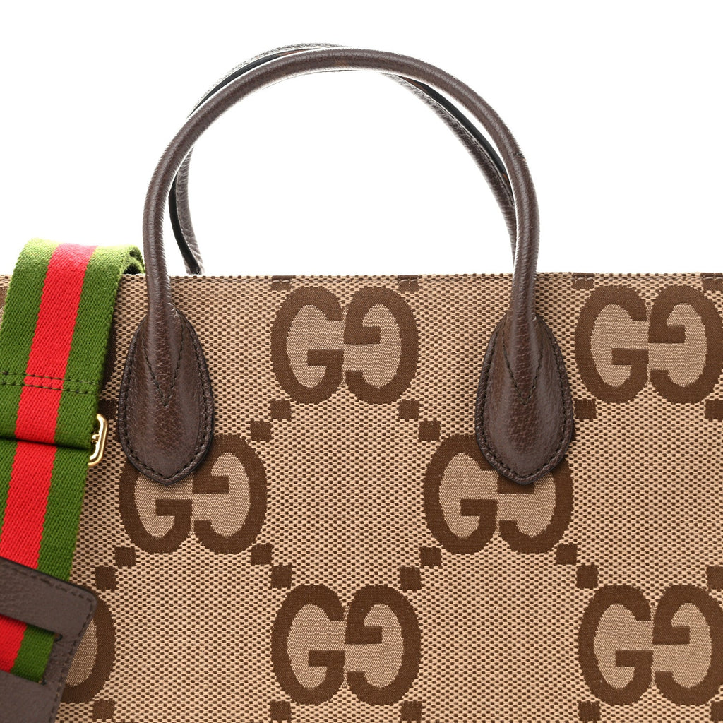 Monogram Jumbo GG Textured Dollar Calfskin Web Tote Bag Camel Ebony New Acero