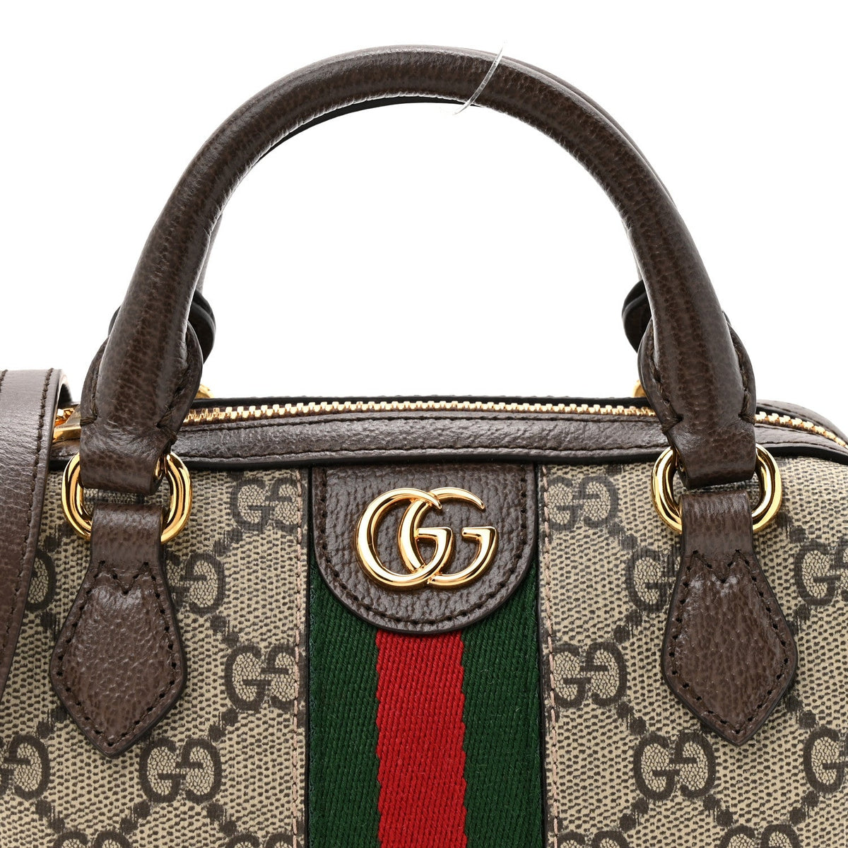 GG Supreme Monogram Textured Dollar Calfskin Web Super Mini Ophidia Top Handle Bowler Bag Beige Ebony New Acero
