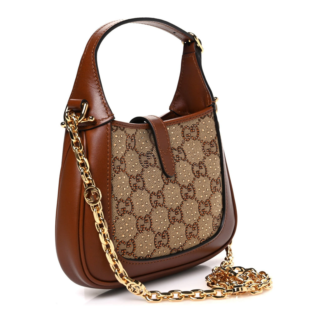 New Canvas Charisma Calfskin Crystal GG Monogram Mini Jackie 1961 Hobo Camel Ebony
