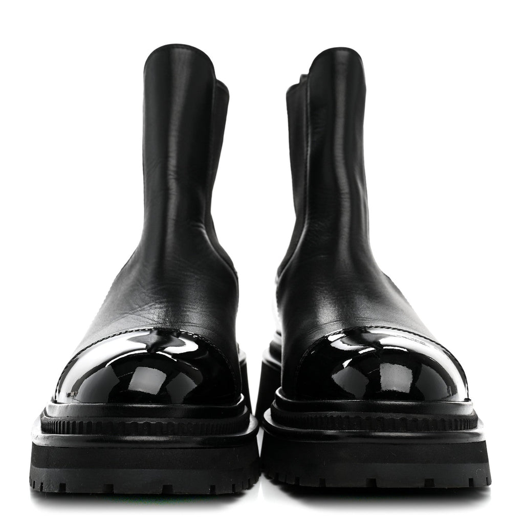 Calfskin Patent Cap Toe Ankle Boots 38.5 Black