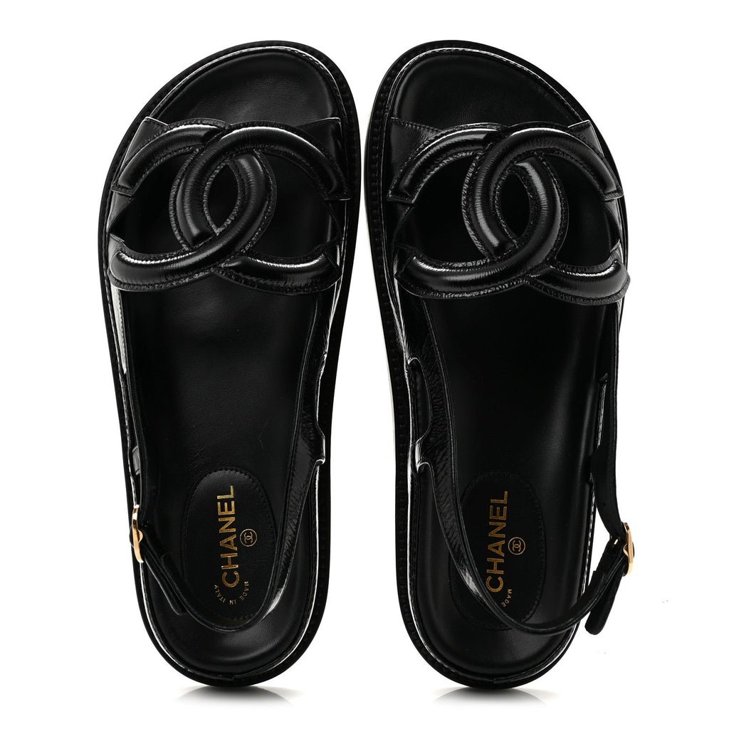 Shiny Crumpled Lambskin CC Cut Out Sandals 37 Black