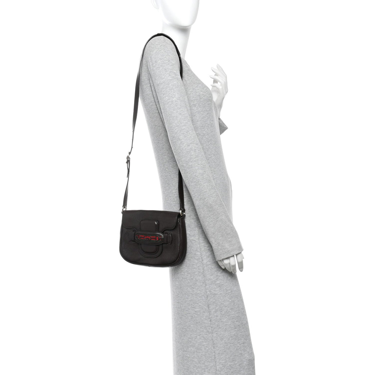 Pebbled Calfskin Web Small Dressage Shoulder Bag Dark Brown