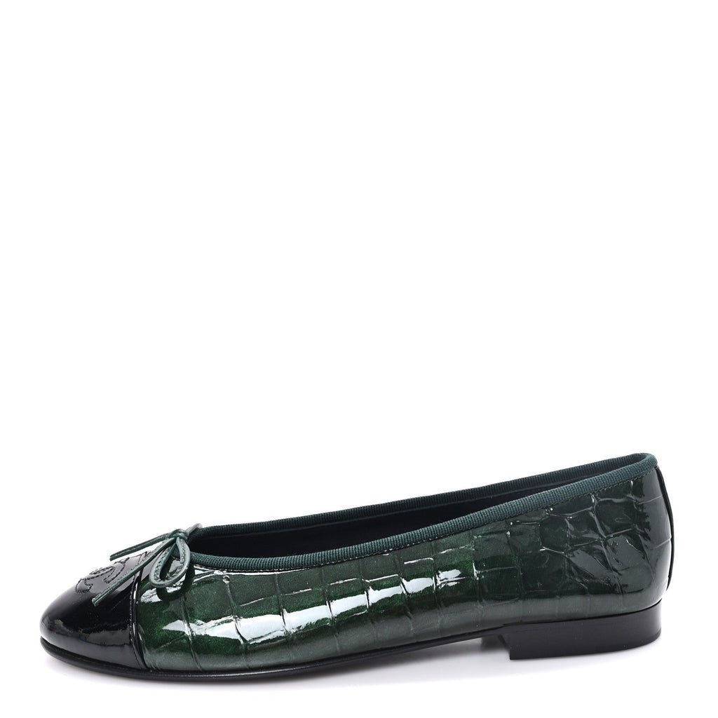 Crocodile Embossed Patent Calfskin Ballet Flats 36.5 Dark Green Black