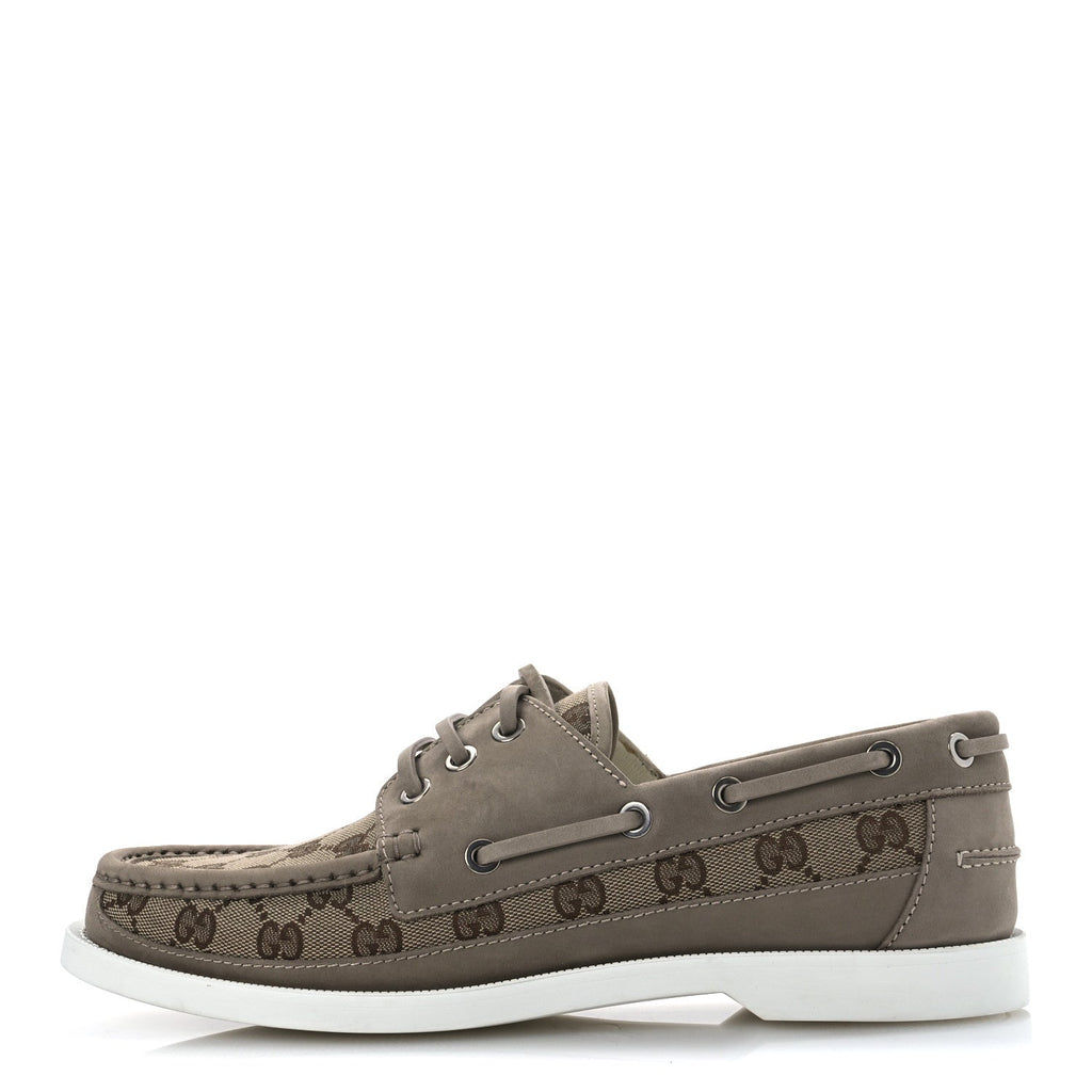 GG Supreme Monogram Canvas Nubuck Mens Lace Up Boat Shoes 9.5 Oatmeal Beige Ebony